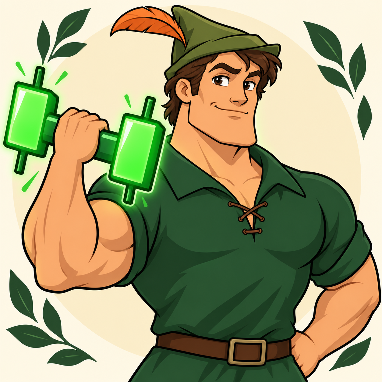 Robin the Chad flexing a glowing green candlestick like a dumbbell